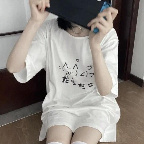 kawaiies-softtoys-plushies-kawaii-plush-Cat Symbol Japanese Text White Women's Tee Apparel 