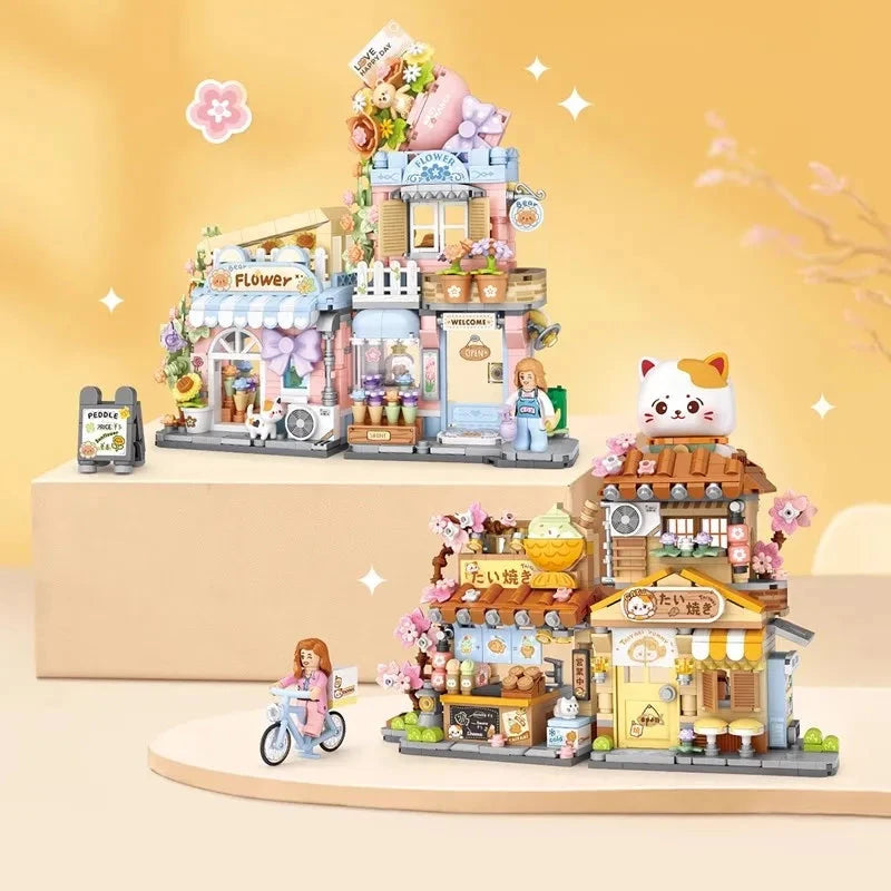 kawaiies-softtoys-plushies-kawaii-plush-Cat Taiyaki Flower Cafes Foldable Micro Building Set Collection Build it 