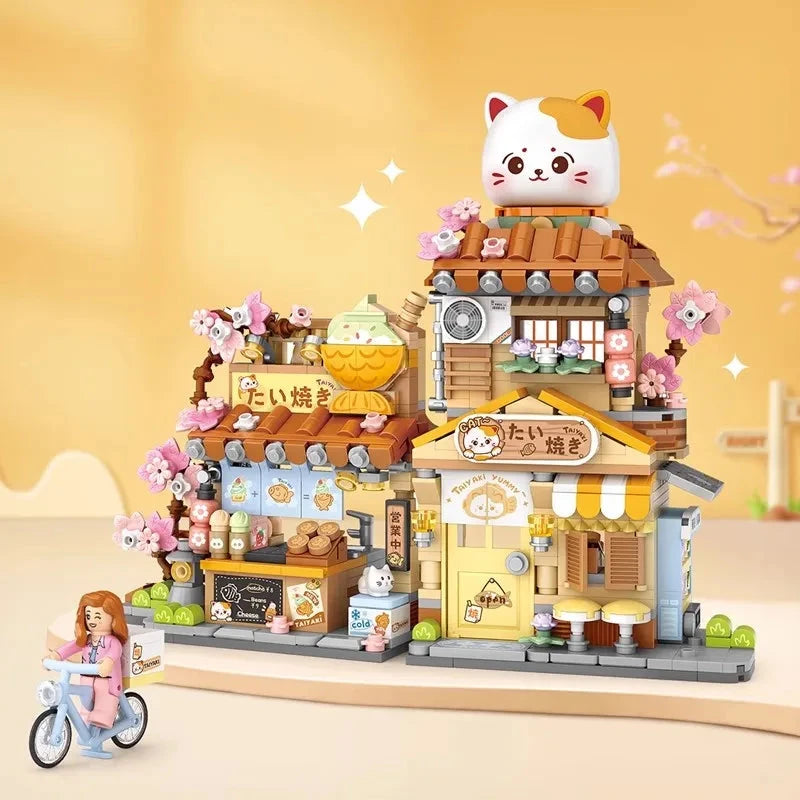 kawaiies-softtoys-plushies-kawaii-plush-Cat Taiyaki Flower Cafes Foldable Micro Building Set Collection Build it Cat Cafe (No Box) 