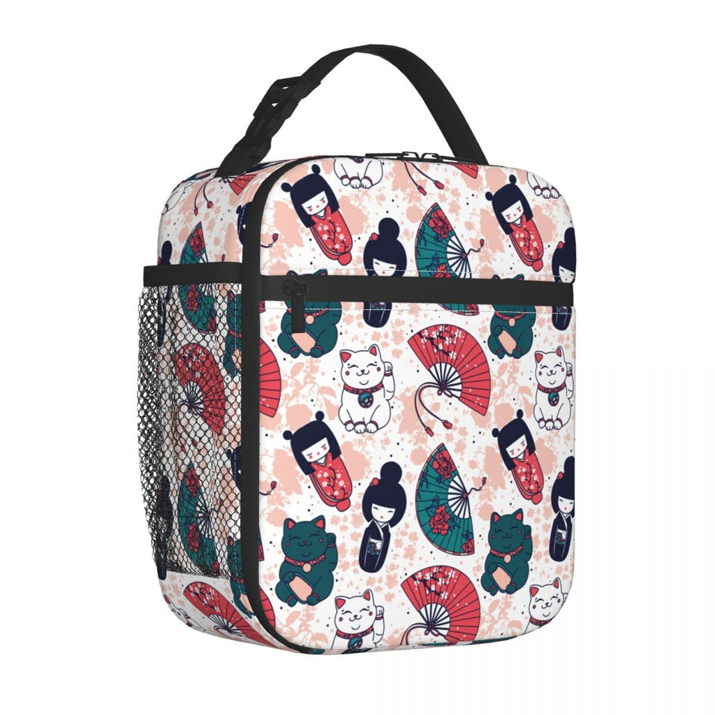 kawaiies-softtoys-plushies-kawaii-plush-Cherry Blossom Lucky Cat Kokeshi Doll Insulated Lunch Bags Bag White 