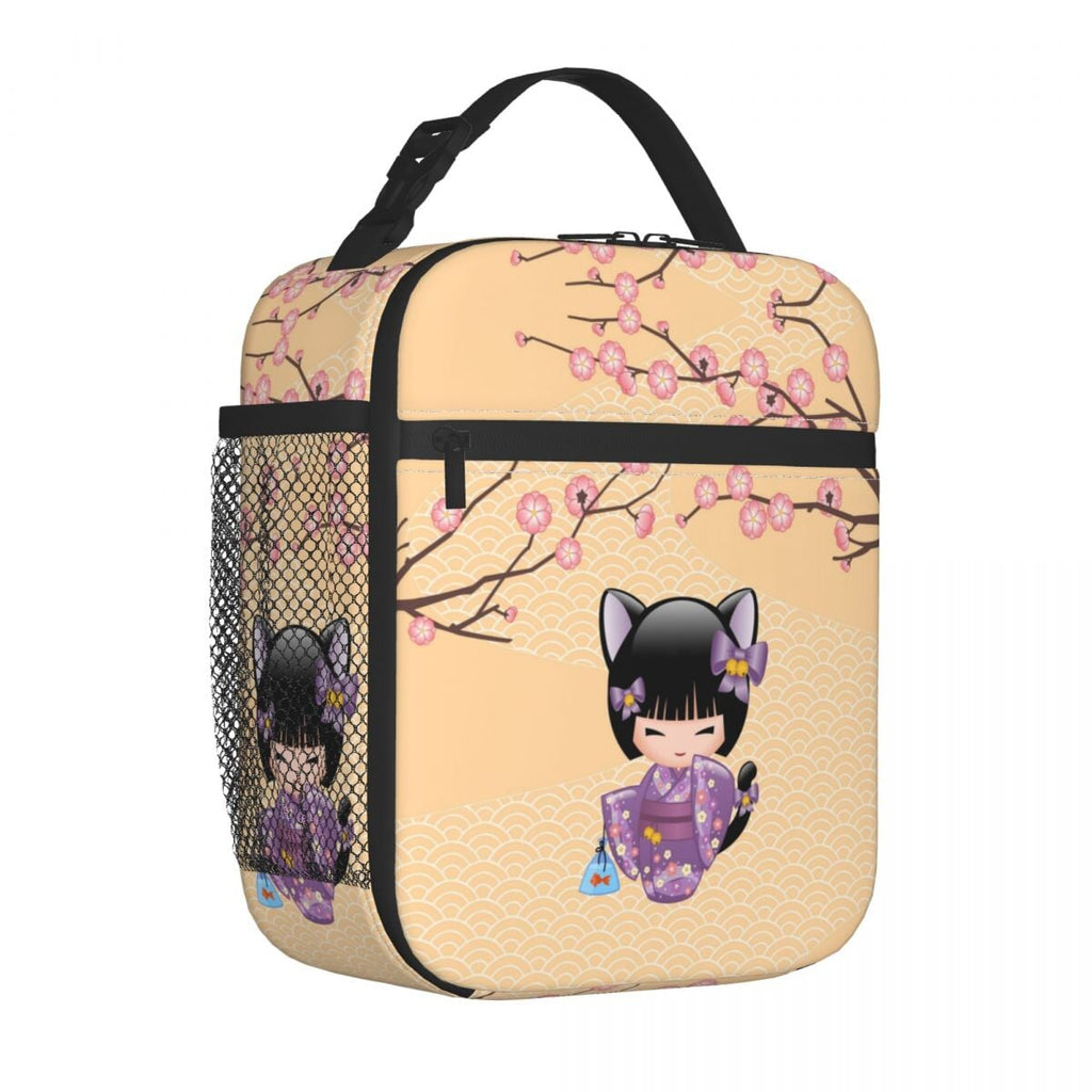 kawaiies-softtoys-plushies-kawaii-plush-Cherry Blossom Lucky Cat Kokeshi Doll Insulated Lunch Bags Bag Yellow 