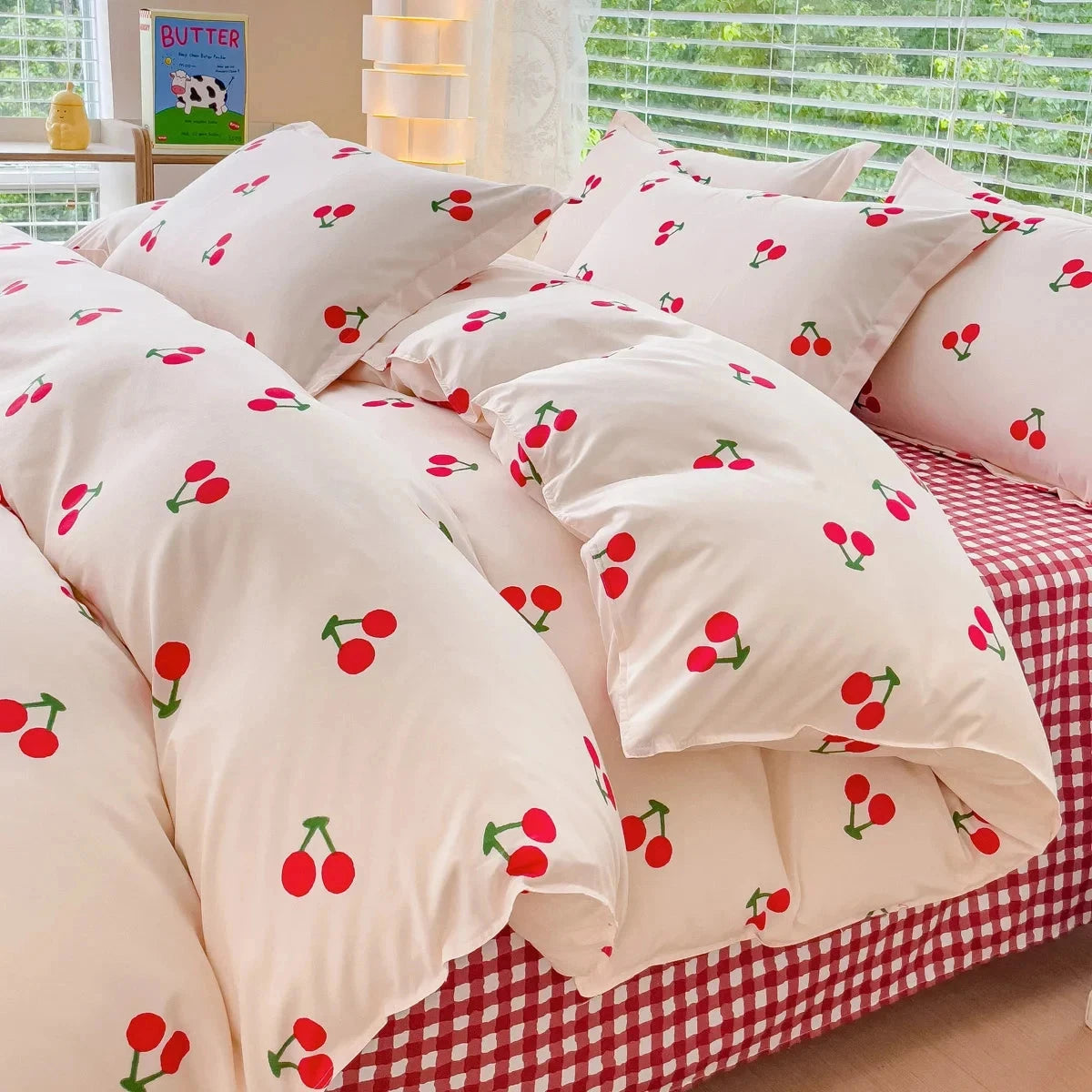 kawaiies-softtoys-plushies-kawaii-plush-Cherry-Themed Checkered Polyester Bedding Set with Bed Sheet Home Decor 08 Twin 4pcs 150x200cm Flat Bed Sheet