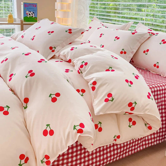kawaiies-softtoys-plushies-kawaii-plush-Cherry-Themed Checkered Polyester Bedding Set with Bed Sheet Home Decor 08 Twin 4pcs 150x200cm Flat Bed Sheet
