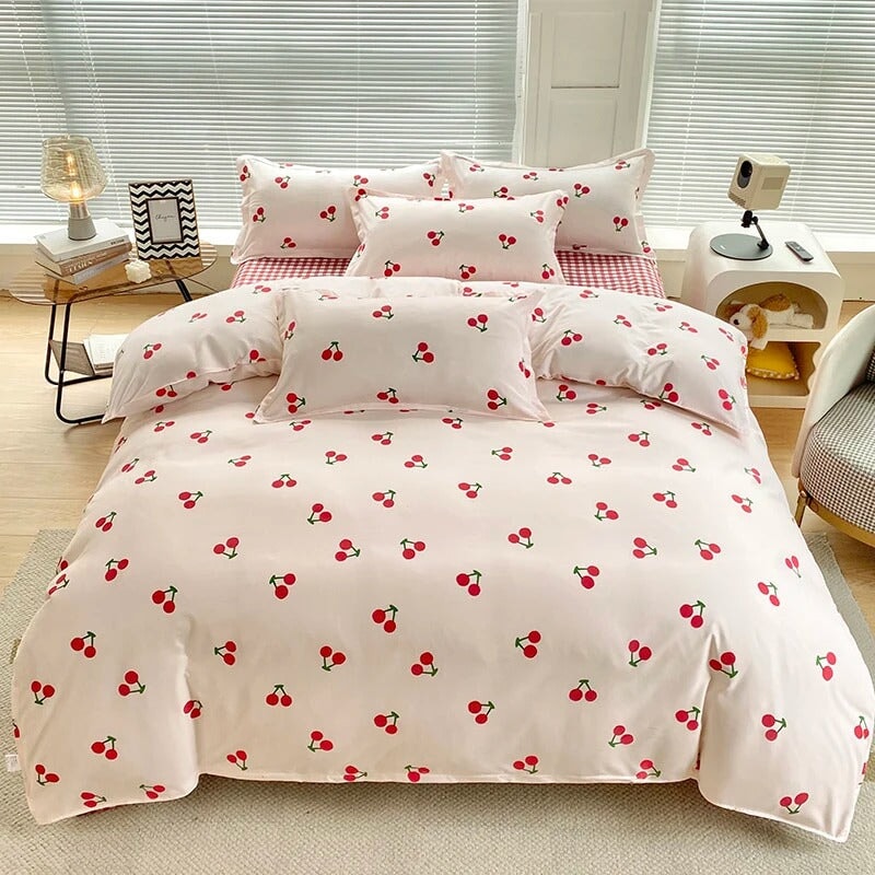 kawaiies-softtoys-plushies-kawaii-plush-Cherry-Themed Checkered Polyester Bedding Set with Bed Sheet Home Decor 