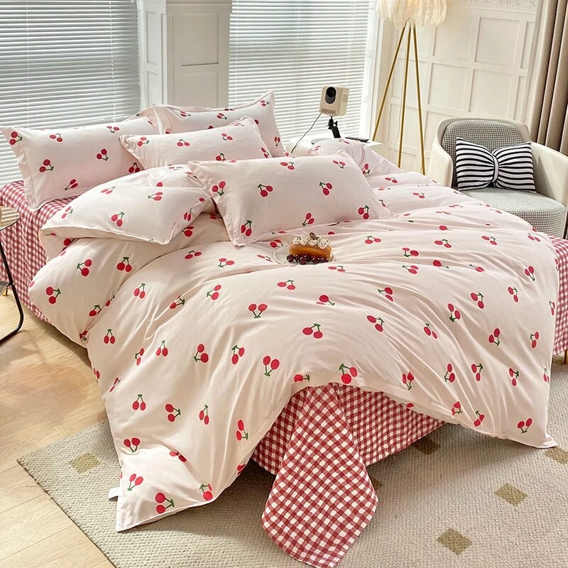 kawaiies-softtoys-plushies-kawaii-plush-Cherry-Themed Checkered Polyester Bedding Set with Bed Sheet Home Decor 
