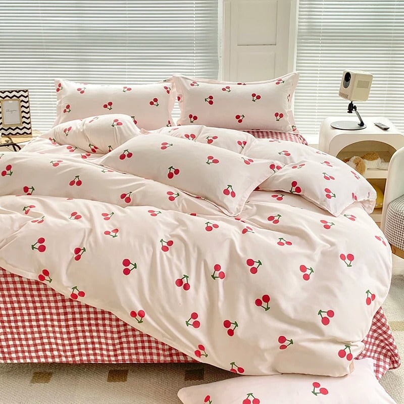 kawaiies-softtoys-plushies-kawaii-plush-Cherry-Themed Checkered Polyester Bedding Set with Bed Sheet Home Decor Full 