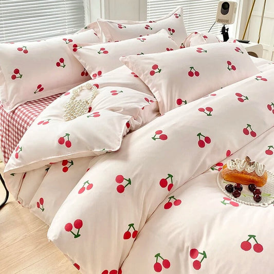 kawaiies-softtoys-plushies-kawaii-plush-Cherry-Themed Checkered Polyester Bedding Set with Bed Sheet Home Decor Queen 