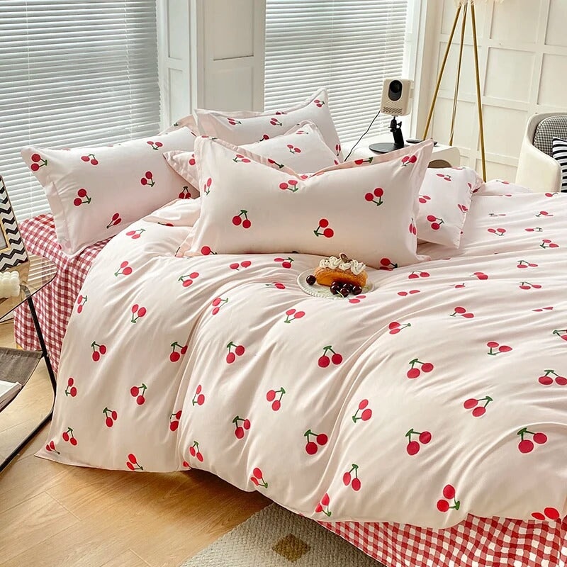 kawaiies-softtoys-plushies-kawaii-plush-Cherry-Themed Checkered Polyester Bedding Set with Bed Sheet Home Decor Single 