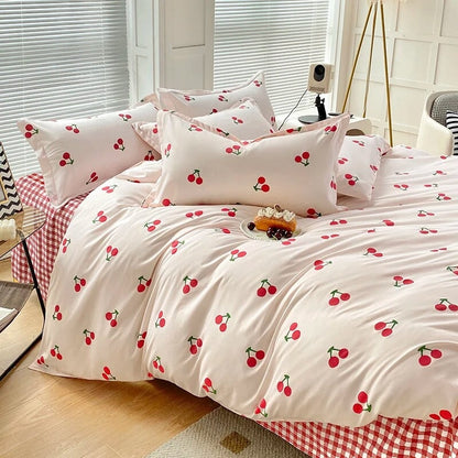 kawaiies-softtoys-plushies-kawaii-plush-Cherry-Themed Checkered Polyester Bedding Set with Bed Sheet Home Decor Single 