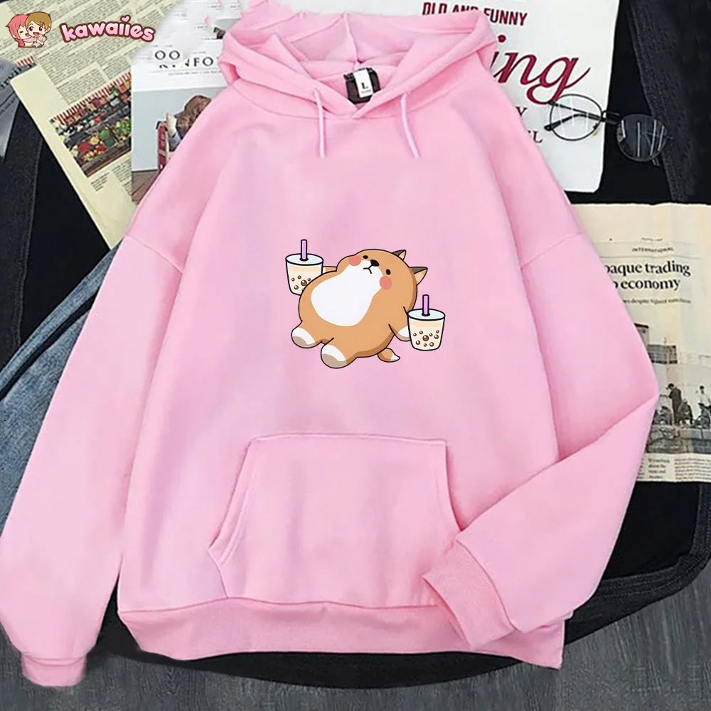 kawaiies-softtoys-plushies-kawaii-plush-Chubby Shiba Inu Bubble Tea Unisex Hoodie Apparel Pink XXXL 