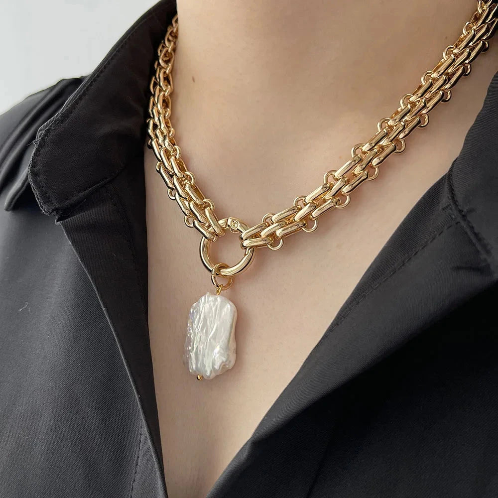 kawaiies-softtoys-plushies-kawaii-plush-Chunky Chain Pearl Pendant Necklace Jewelry Gold 