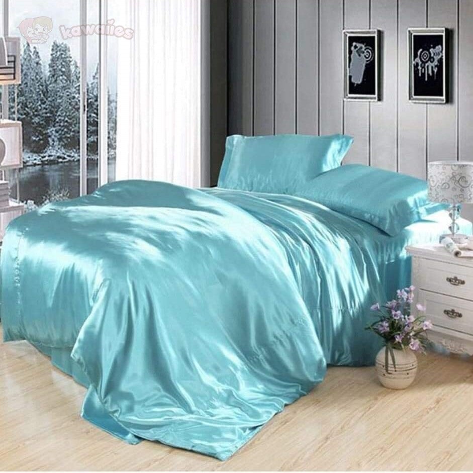 kawaiies-softtoys-plushies-kawaii-plush-Cream Baby Blue Luxury Satin Bedding Set Bedding Sets 