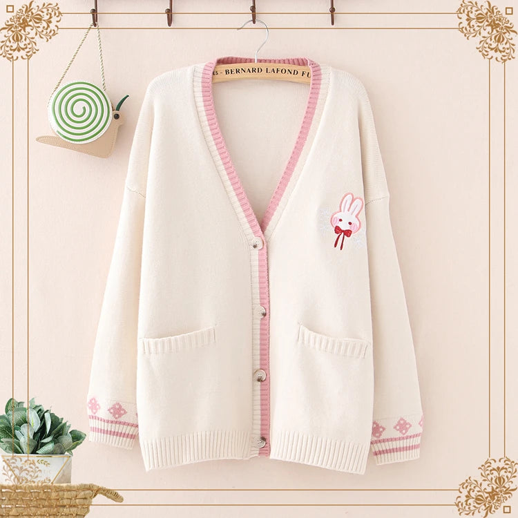 Cute Bunny Long Sleeve Knitted Pink Cream Black Cardigans Tops Kawaiies
