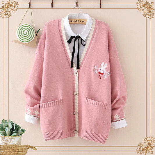 kawaiies-softtoys-plushies-kawaii-plush-Cute Bunny Long Sleeve Knitted Pink Cream Black Cardigans Tops Apparel Pink 