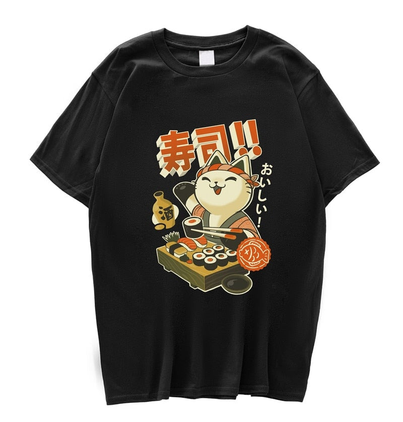 kawaiies-softtoys-plushies-kawaii-plush-Cute Cat Eating Sushi Unisex Tee Tops Black S 