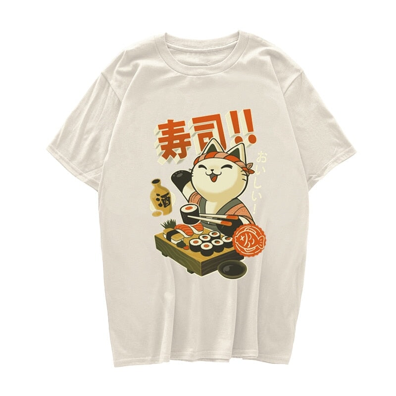 kawaiies-softtoys-plushies-kawaii-plush-Cute Cat Eating Sushi Unisex Tee Tops Cream S 