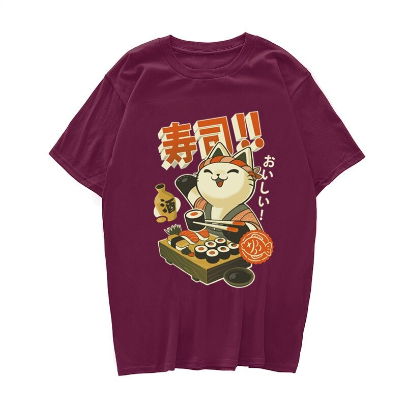 kawaiies-softtoys-plushies-kawaii-plush-Cute Cat Eating Sushi Unisex Tee Tops Wine Red S 