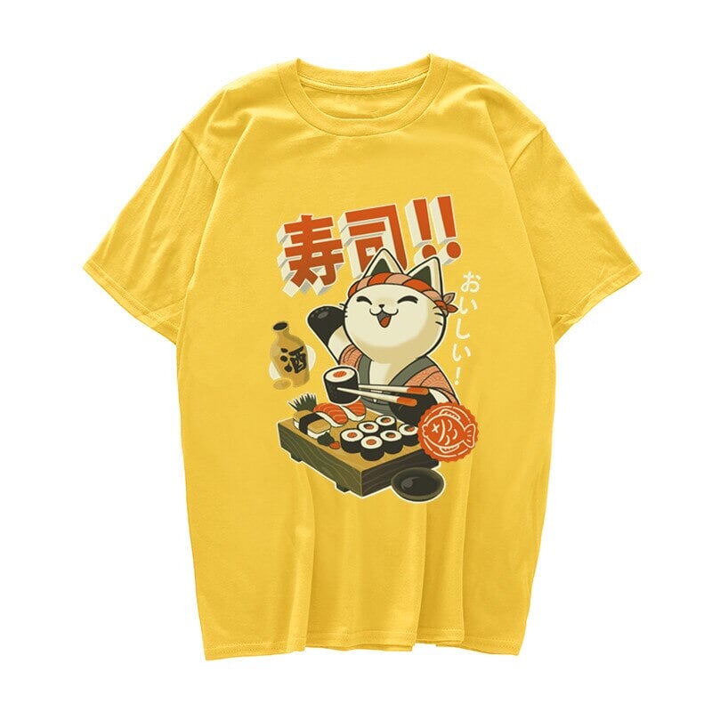 kawaiies-softtoys-plushies-kawaii-plush-Cute Cat Eating Sushi Unisex Tee Tops Yellow S 