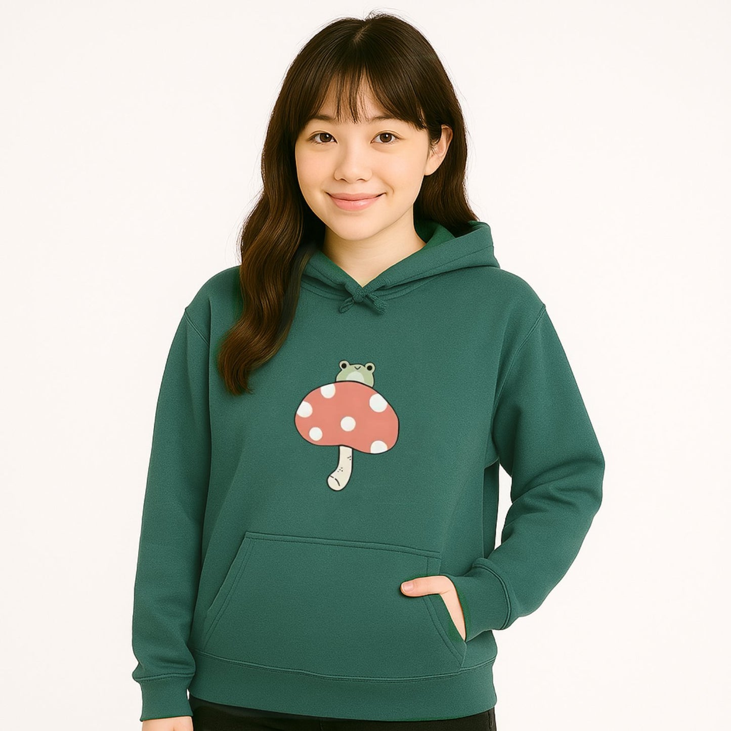 kawaiies-softtoys-plushies-kawaii-plush-Cute Frog Mushroom Unisex Hoodie Apparel Dark Green XS 