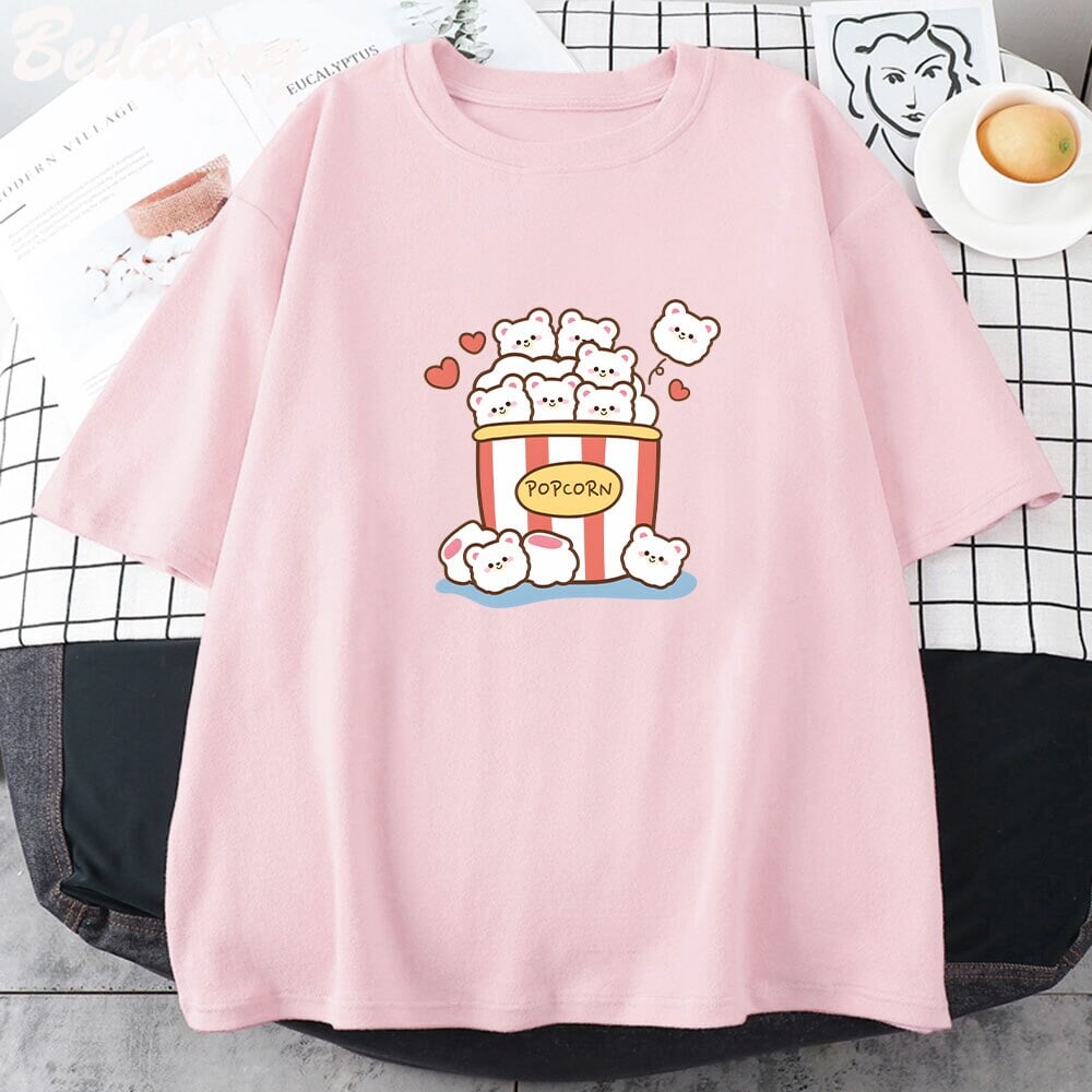 kawaiies-softtoys-plushies-kawaii-plush-Cute Kawaii White Bear Popcorn Unisex Tee Apparel 