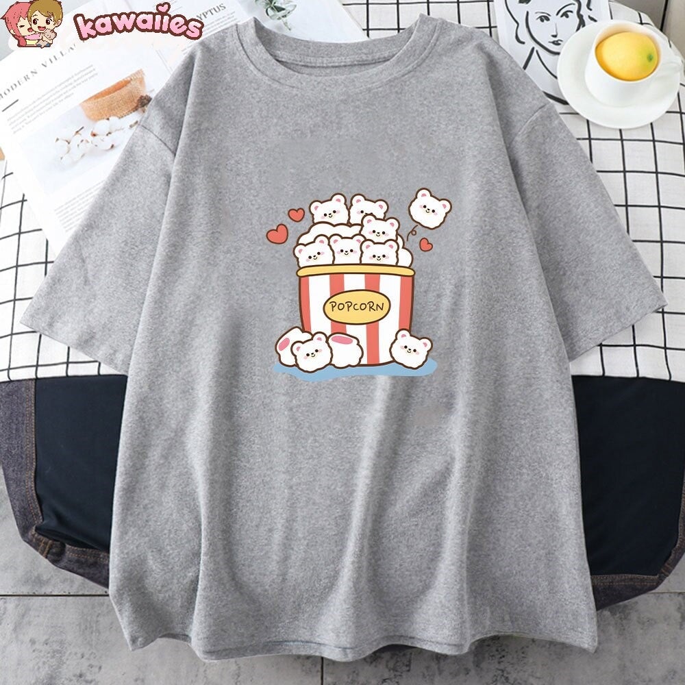 kawaiies-softtoys-plushies-kawaii-plush-Cute Kawaii White Bear Popcorn Unisex Tee Apparel 