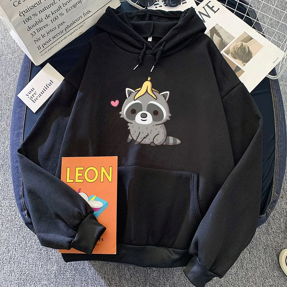 kawaiies-softtoys-plushies-kawaii-plush-Cute Raccoon with Banana Unisex Hoodie Apparel Black XL 