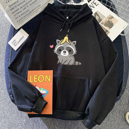 kawaiies-softtoys-plushies-kawaii-plush-Cute Raccoon with Banana Unisex Hoodie Apparel Black XL 