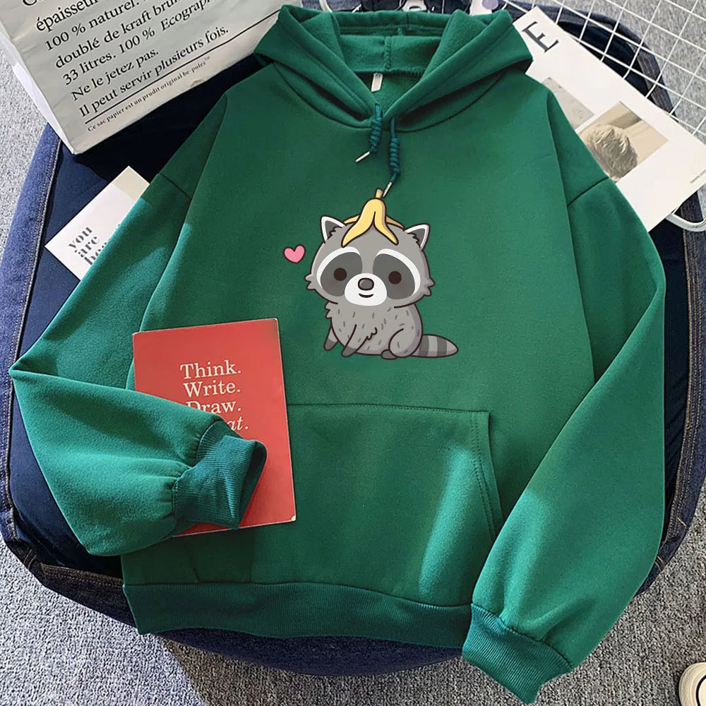 kawaiies-softtoys-plushies-kawaii-plush-Cute Raccoon with Banana Unisex Hoodie Apparel Dark Green XXXL 