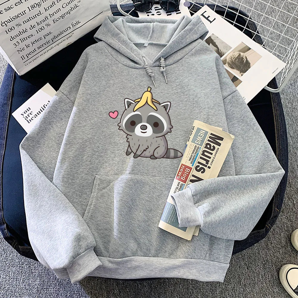 kawaiies-softtoys-plushies-kawaii-plush-Cute Raccoon with Banana Unisex Hoodie Apparel Gray L 