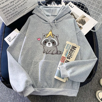 kawaiies-softtoys-plushies-kawaii-plush-Cute Raccoon with Banana Unisex Hoodie Apparel Gray L 