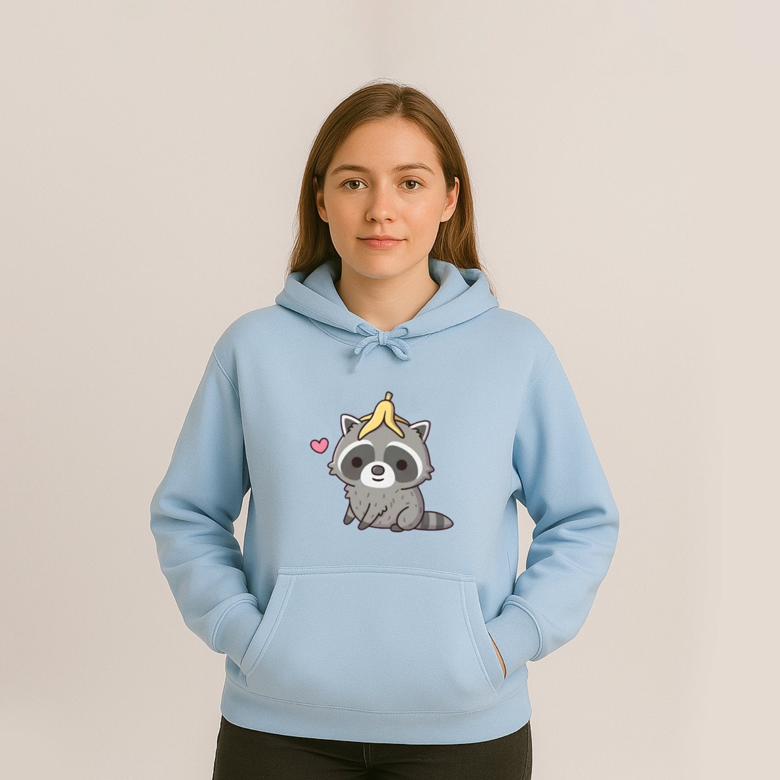 kawaiies-softtoys-plushies-kawaii-plush-Cute Raccoon with Banana Unisex Hoodie Apparel Light Blue XS 