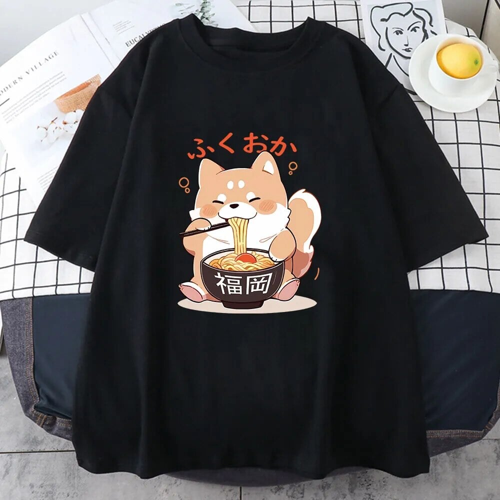 kawaiies-softtoys-plushies-kawaii-plush-Cute Shiba Inu Slurping Ramen Unisex Tee Apparel Black XS 