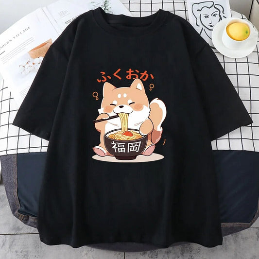 kawaiies-softtoys-plushies-kawaii-plush-Cute Shiba Inu Slurping Ramen Unisex Tee Apparel Black XS 
