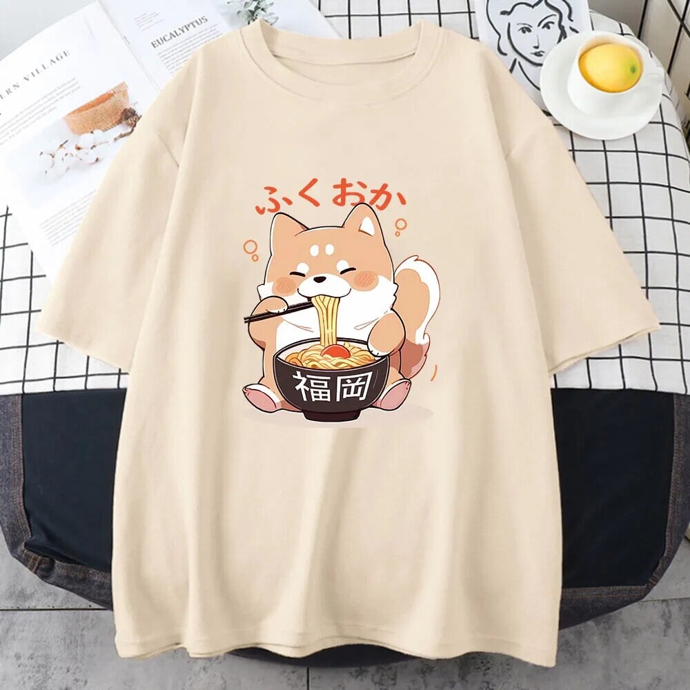 kawaiies-softtoys-plushies-kawaii-plush-Cute Shiba Inu Slurping Ramen Unisex Tee Apparel Cream XS 