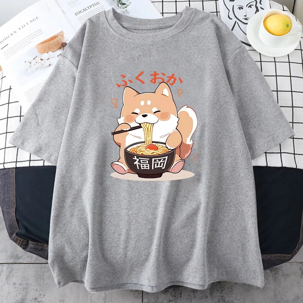 kawaiies-softtoys-plushies-kawaii-plush-Cute Shiba Inu Slurping Ramen Unisex Tee Apparel Gray XS 