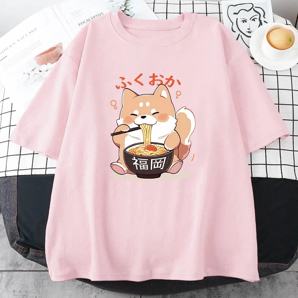 kawaiies-softtoys-plushies-kawaii-plush-Cute Shiba Inu Slurping Ramen Unisex Tee Apparel Pink XS 