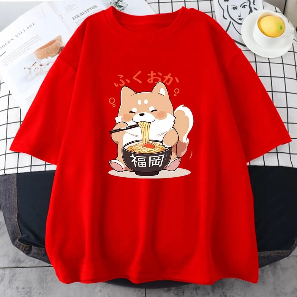 kawaiies-softtoys-plushies-kawaii-plush-Cute Shiba Inu Slurping Ramen Unisex Tee Apparel Red XS 