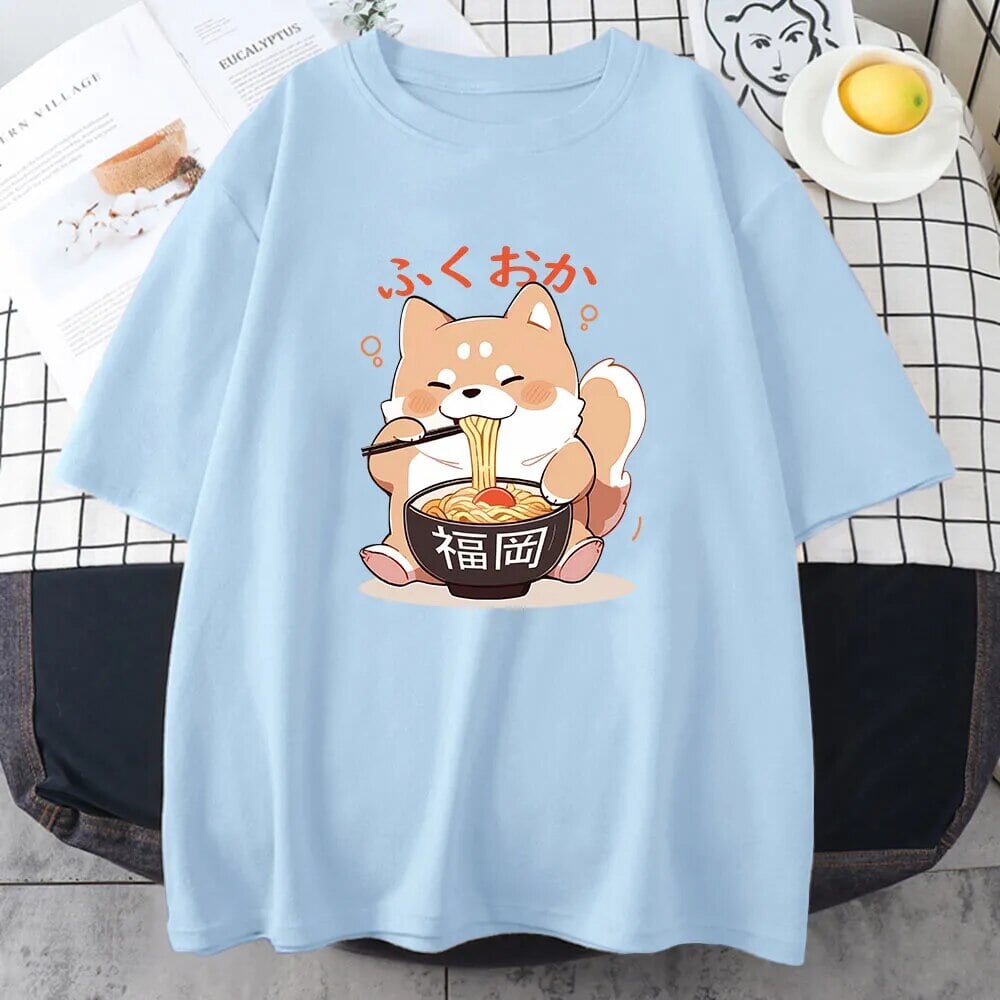 kawaiies-softtoys-plushies-kawaii-plush-Cute Shiba Inu Slurping Ramen Unisex Tee Apparel Sky Blue XS 