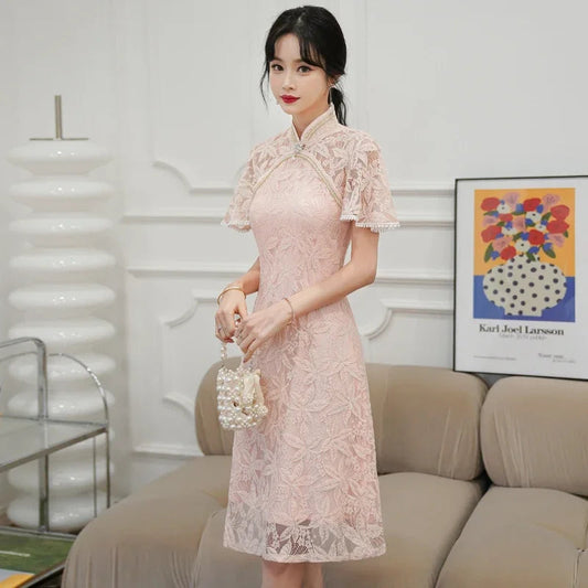 kawaiies-softtoys-plushies-kawaii-plush-Dainty Lace Chinese Traditional Qipao Cheongsam Dress Apparel Pink S 