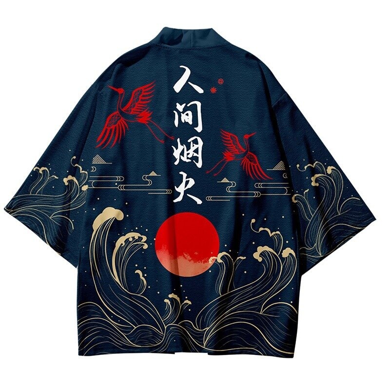 kawaiies-softtoys-plushies-kawaii-plush-Dark Navy Blood-Red Sun Cranes Unisex Kimono Kimono 