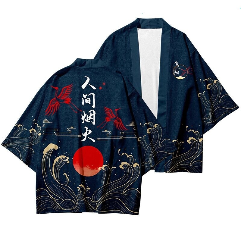 kawaiies-softtoys-plushies-kawaii-plush-Dark Navy Blood-Red Sun Cranes Unisex Kimono Kimono S 