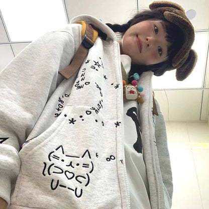 kawaiies-softtoys-plushies-kawaii-plush-Embroidered Cat Emoji Zipped Hoodie Apparel 