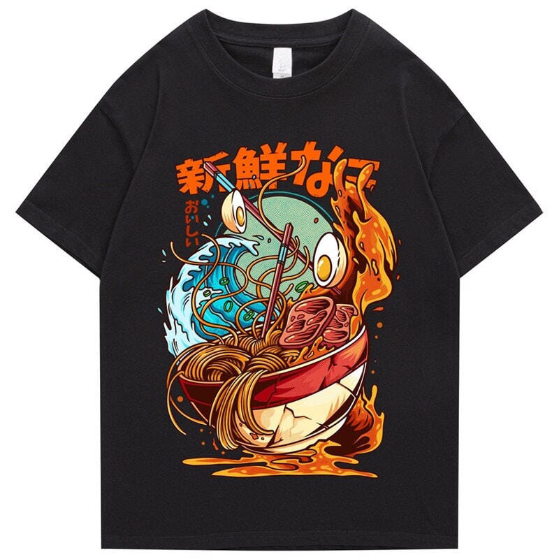 kawaiies-softtoys-plushies-kawaii-plush-Flaming Hot Wagyu Ramen Unisex Cotton Tee Apparel Black S 