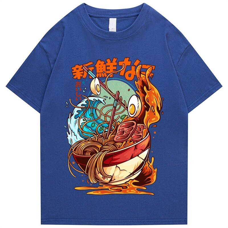 kawaiies-softtoys-plushies-kawaii-plush-Flaming Hot Wagyu Ramen Unisex Cotton Tee Apparel Blue S 