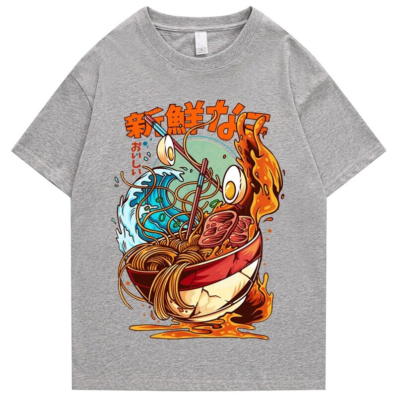 kawaiies-softtoys-plushies-kawaii-plush-Flaming Hot Wagyu Ramen Unisex Cotton Tee Apparel Gray S 