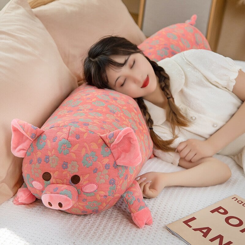 kawaiies-softtoys-plushies-kawaii-plush-Floral Embroidered Pig Long Snuggle Buddy Soft toy 