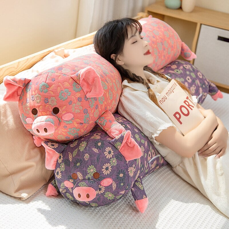 kawaiies-softtoys-plushies-kawaii-plush-Floral Embroidered Pig Long Snuggle Buddy Soft toy 