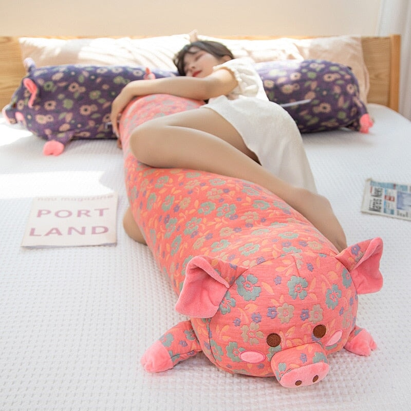kawaiies-softtoys-plushies-kawaii-plush-Floral Embroidered Pig Long Snuggle Buddy Soft toy 