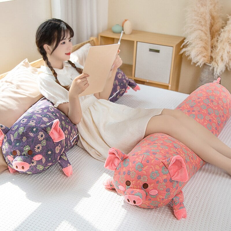 kawaiies-softtoys-plushies-kawaii-plush-Floral Embroidered Pig Long Snuggle Buddy Soft toy 