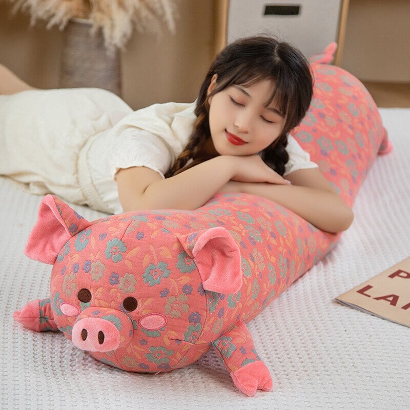 kawaiies-softtoys-plushies-kawaii-plush-Floral Embroidered Pig Long Snuggle Buddy Soft toy 